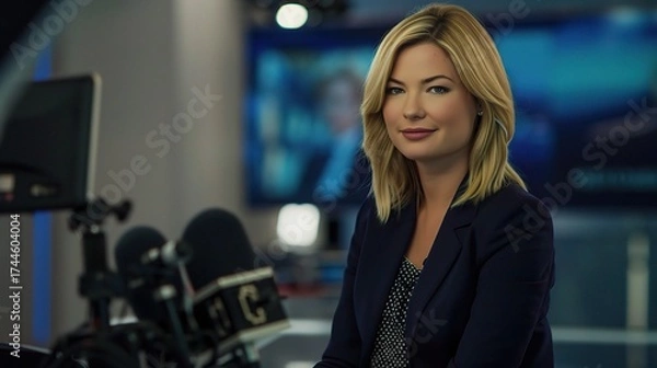 Fototapeta Female anchor sitting at a modern desk with a professional microphone, ring light, and laptop, hosting a live stream or recording a video, with a neat backdrop of shelves holding books or decorative