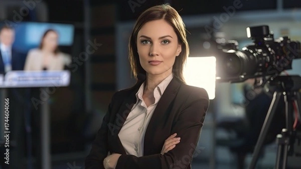 Fototapeta Female anchor sitting at a modern desk with a professional microphone, ring light, and laptop, hosting a live stream or recording a video, with a neat backdrop of shelves holding books or decorative
