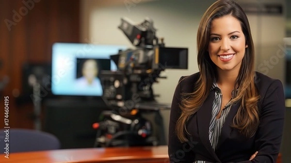 Fototapeta Female anchor sitting at a modern desk with a professional microphone, ring light, and laptop, hosting a live stream or recording a video, with a neat backdrop of shelves holding books or decorative