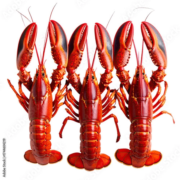 Fototapeta Three cooked lobsters, red shells and claws, arranged side by side against a black background