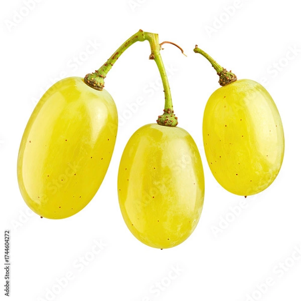Fototapeta Close-up shot of three translucent green oval grapes attached to their stems, against black