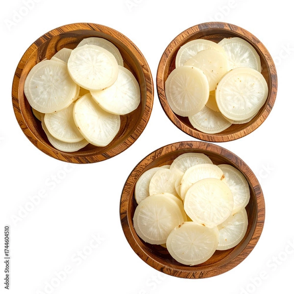 Fototapeta Three wooden bowls, each filled with sliced, white root vegetables. Dark background