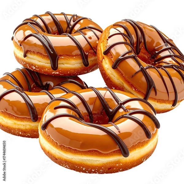 Fototapeta Four glazed donuts, caramel topped, drizzled with chocolate, arranged on a black background