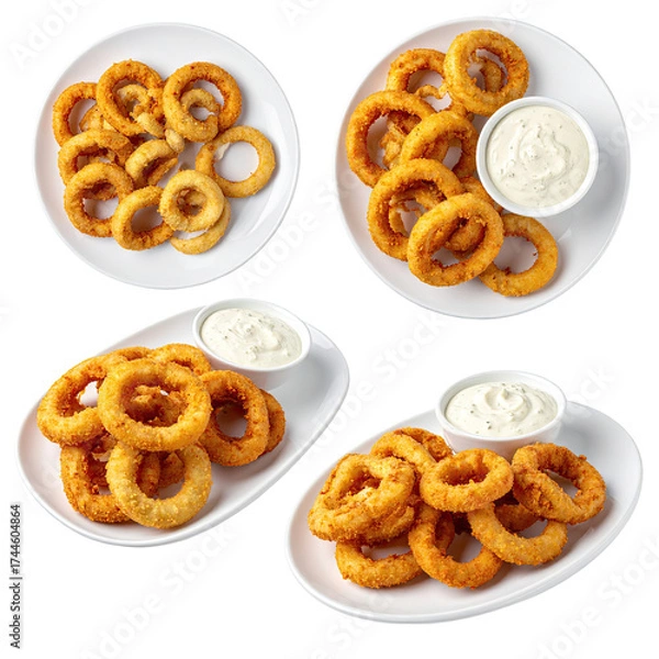 Fototapeta Four plates of golden, crispy onion rings with white dipping sauce against a black background