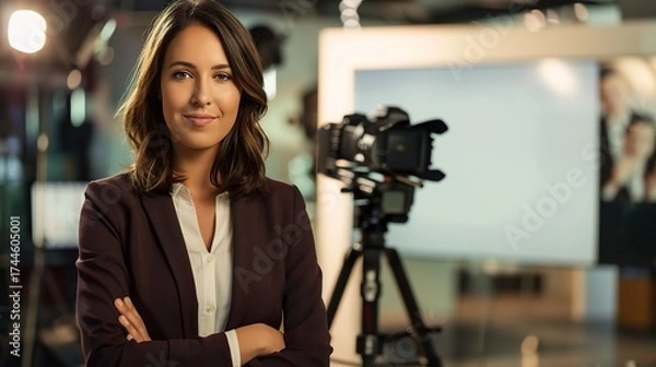 Fototapeta Female anchor sitting at a modern desk with a professional microphone, ring light, and laptop, hosting a live stream or recording a video, with a neat backdrop of shelves holding books or decorative