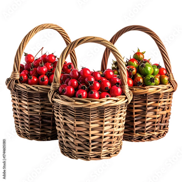 Fototapeta Three wicker baskets overflowing with vibrant red and green berries against a black backdrop