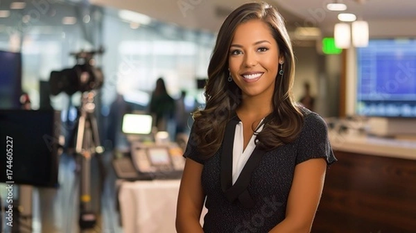 Fototapeta Female anchor sitting at a modern desk with a professional microphone, ring light, and laptop, hosting a live stream or recording a video, with a neat backdrop of shelves holding books or decorative