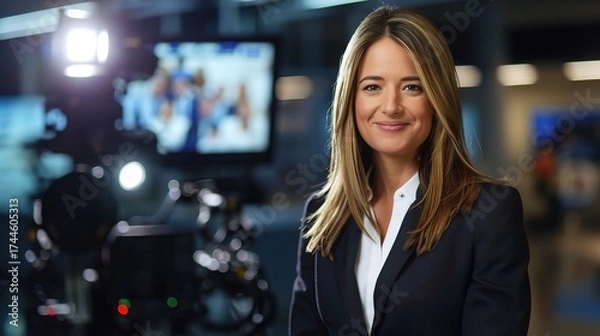 Fototapeta Female anchor sitting at a modern desk with a professional microphone, ring light, and laptop, hosting a live stream or recording a video, with a neat backdrop of shelves holding books or decorative