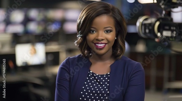 Fototapeta Female anchor sitting at a modern desk with a professional microphone, ring light, and laptop, hosting a live stream or recording a video, with a neat backdrop of shelves holding books or decorative