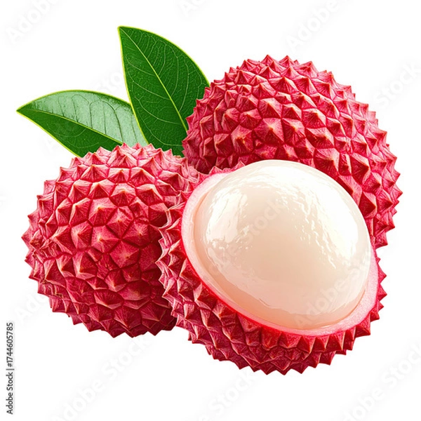 Fototapeta Group of three textured red fruits, one partially open, with green leaves, on a black background