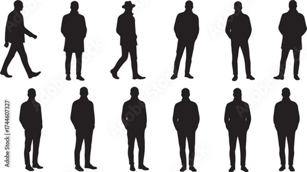 Obraz Collection of black male silhouettes in various poses and outfits on white background person people