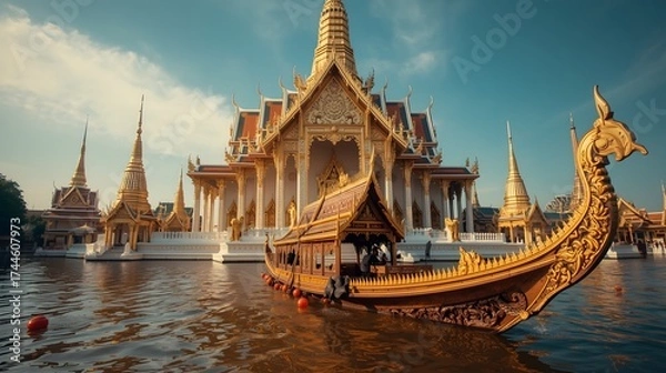 Fototapeta Thai Royal Barge Suphannahong in Front of Temple