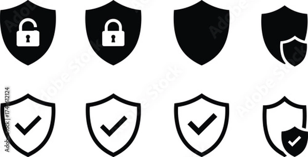 Obraz Set of black shield icons with lock and checkmark symbols security protection