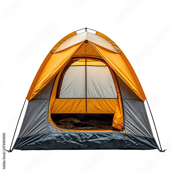 Obraz Front-facing shot of a partly open, orange-and-gray camping structure with a black background