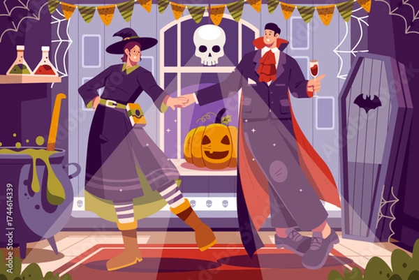 Fototapeta Vector illustration of a witch and a vampire dancing at a Halloween party with a pumpkin, a cauldron, a skull, and spooky decorations. Perfect for Halloween, posters, banners, and seasonal designs