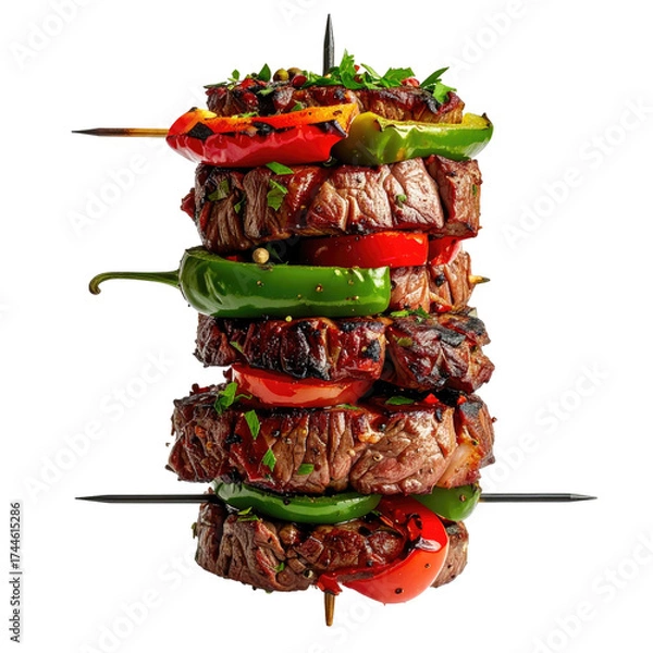 Obraz Skewered tower of grilled steak, peppers, and tomatoes, on a black background