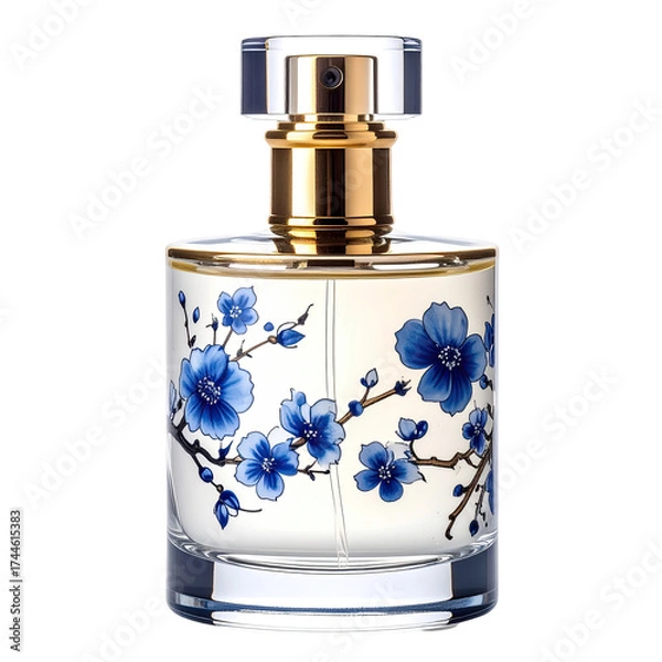 Obraz A perfume bottle with floral design, clear cap & gold accent on a black background