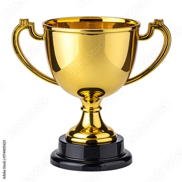 Obraz A golden trophy with a black base. It has two handles and is isolated on a black background