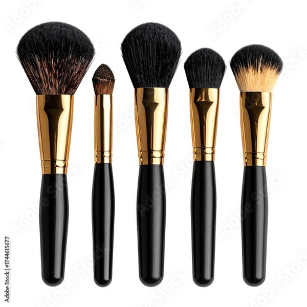 Obraz A close-up view of five makeup brushes with black handles and gold accents