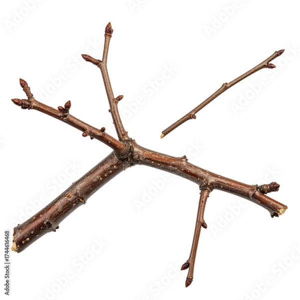 Obraz Three brown, twig-like branches with budding tips, isolated on a pure black background