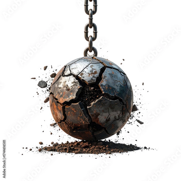 Obraz A rusty, cracked wrecking ball hangs from a chain with debris surrounding it on a black background