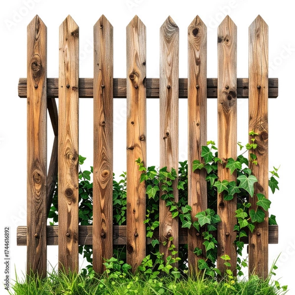 Obraz Wooden picket fence with vines growing through it and lush green grass in front