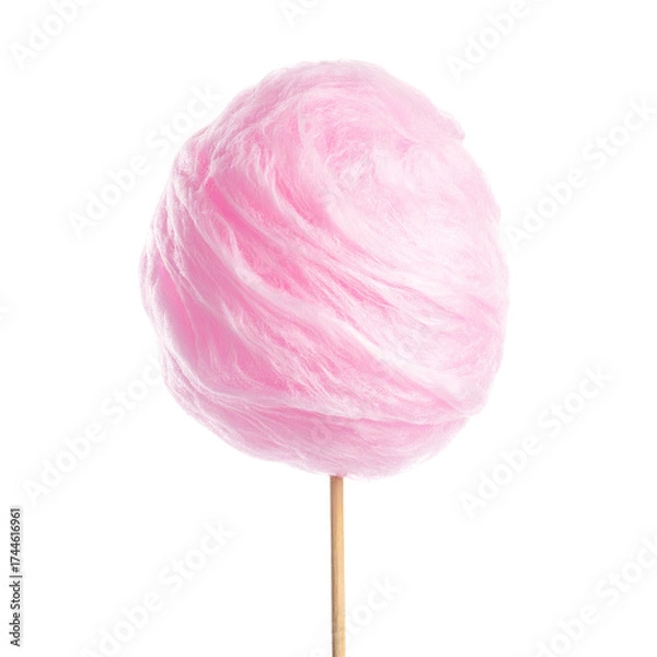 Fototapeta Fluffy pink confection on a wooden stick against a black background, resembling a cloud