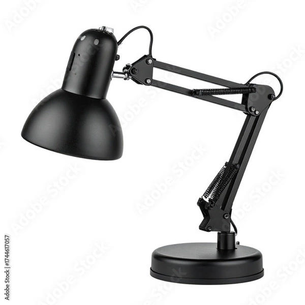 Obraz Black desk lamp with adjustable arm and circular base on a black background