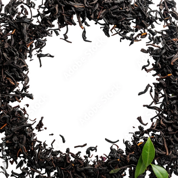 Fototapeta Dry dark tea leaves frame a circular black void, with a few fresh green leaves at the bottom