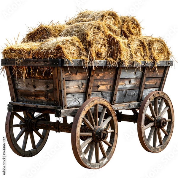 Obraz Rustic wooden cart overflowing with golden hay bales against a transparent background