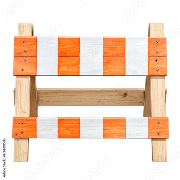 Obraz A wooden construction barrier with alternating orange and white stripes stands on a black backdrop