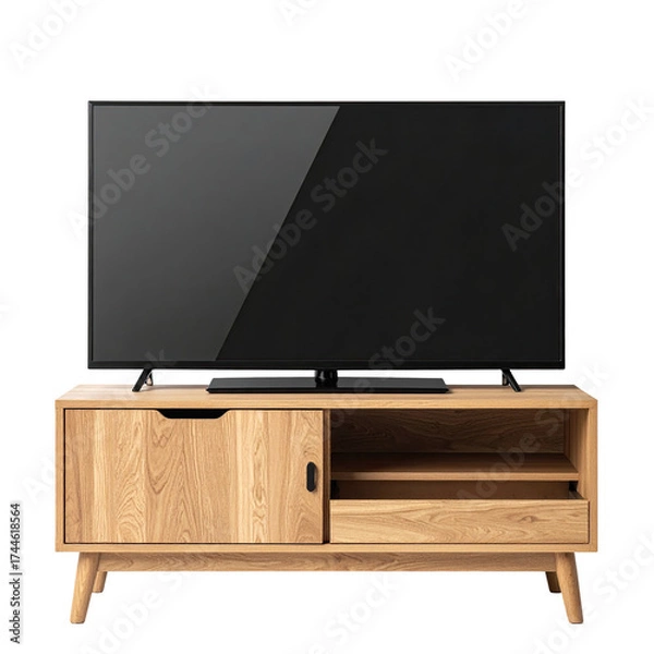 Fototapeta A flat-screen television sits atop a light wooden console with a sliding door and open shelf