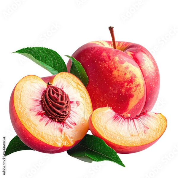 Fototapeta A ripe, fresh peach and nectarine display, one cut open to reveal a seed