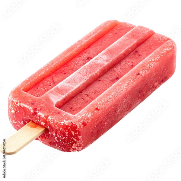 Fototapeta Close-up of a red, rectangular frozen treat on a wooden stick. Showing berry bits