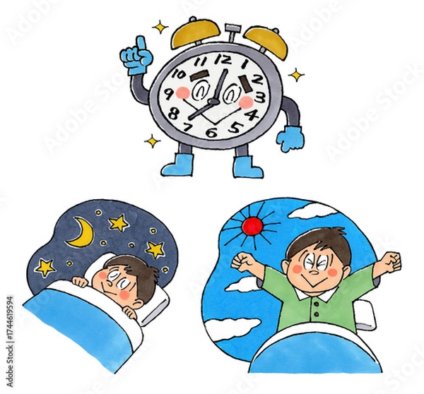 Obraz 目覚まし時計のキャラクター　眠ると目覚める男の子