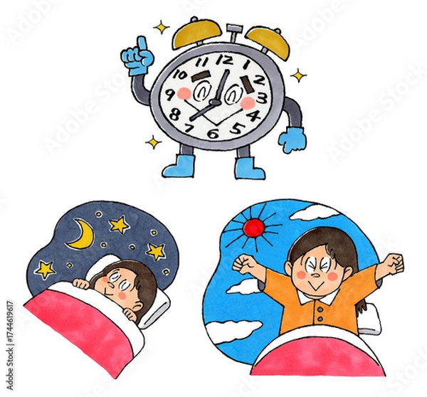 Obraz 目覚まし時計のキャラクター　眠ると目覚める女の子