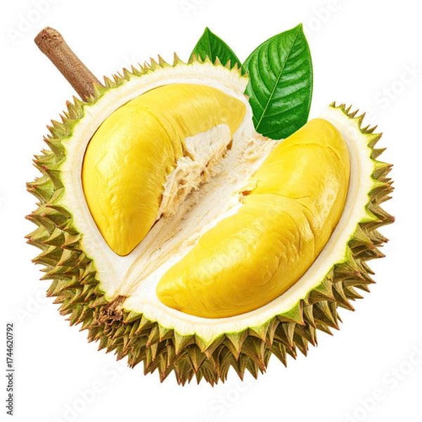 Fototapeta A spiky, open fruit reveals creamy yellow segments, a green leaf is nestled within