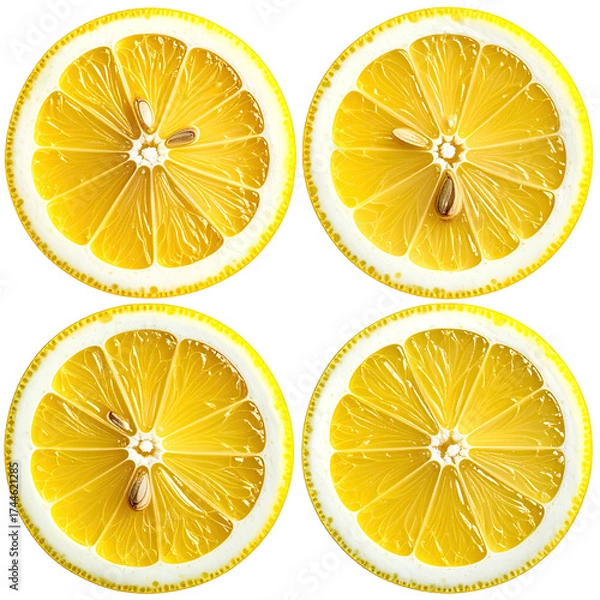 Fototapeta Four circular, bright yellow lemon slices, showing interior details, with seeds