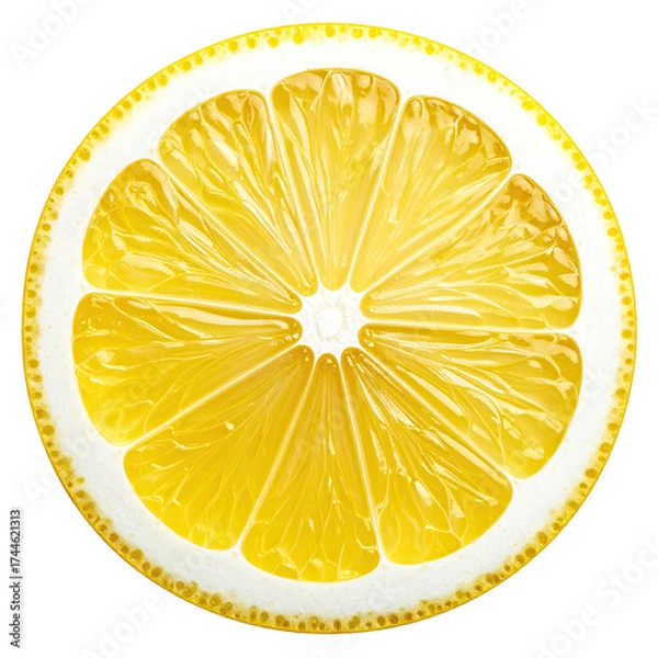 Fototapeta A close-up image of a perfectly sliced lemon, revealing its juicy interior against a black background