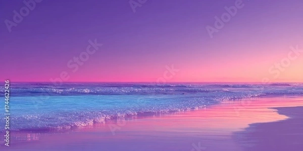 Obraz Romantic optimistic touch on sandy coast at holiday sunset colourful background with calm ocean waves perfect for dreamy getaways