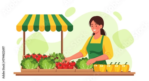 Fototapeta Fresh Produce Market Stall: Smiling Seller Displaying Colorful Vegetables for Sale