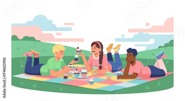 Fototapeta Friends Enjoying Cupcakes And Cool Drinks During Relaxing Picnic Afternoon Together