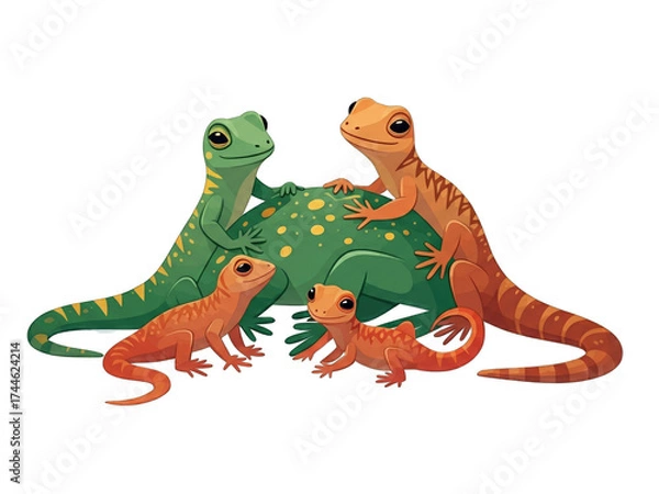 Obraz illustration showcasing a family of colorful lizards gathered together in a friendly pose.