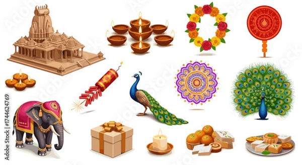 Fototapeta Illustration showing diwali elements including temple, diya, firecrackers, peacock and sweets items
