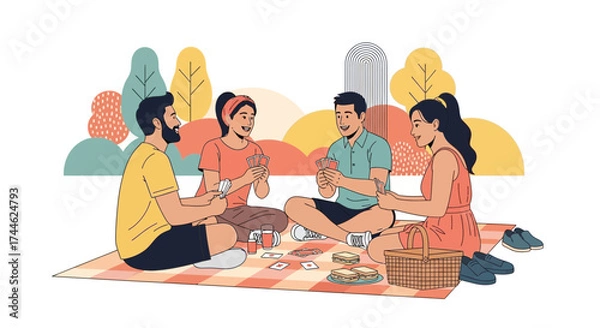 Fototapeta Friends Playing Cards at a Picnic, Illustration Focused on Leisure and Togetherness