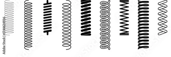 Fototapeta seamless spring coil hanging. Black coil, shock absorber or extension spring shapes. vector collection