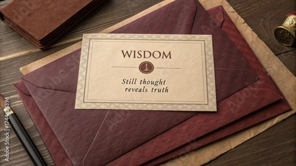 Fototapeta Elegant paper envelopes with a wisdom quote card on a wooden surface, showcasing thoughtful stationery and design elements