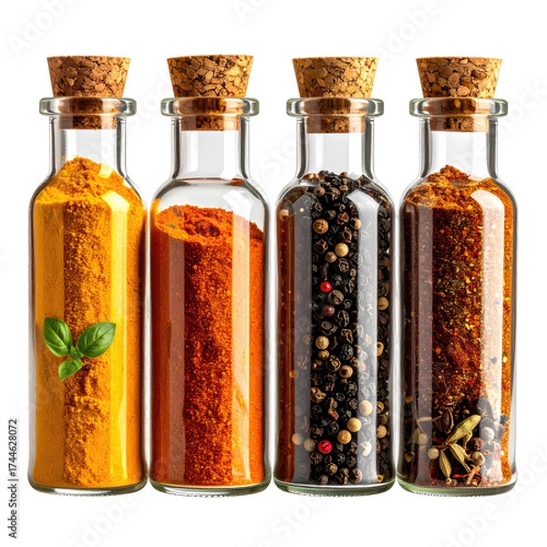 Obraz Four glass spice jars filled with different colorful seasonings, capped with corks
