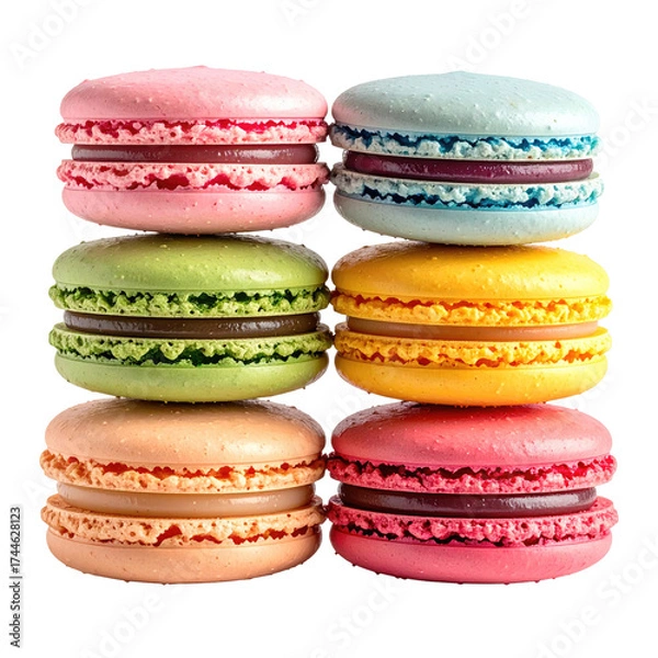 Obraz Six vibrant, stacked French meringue cookies with colorful shells and fillings