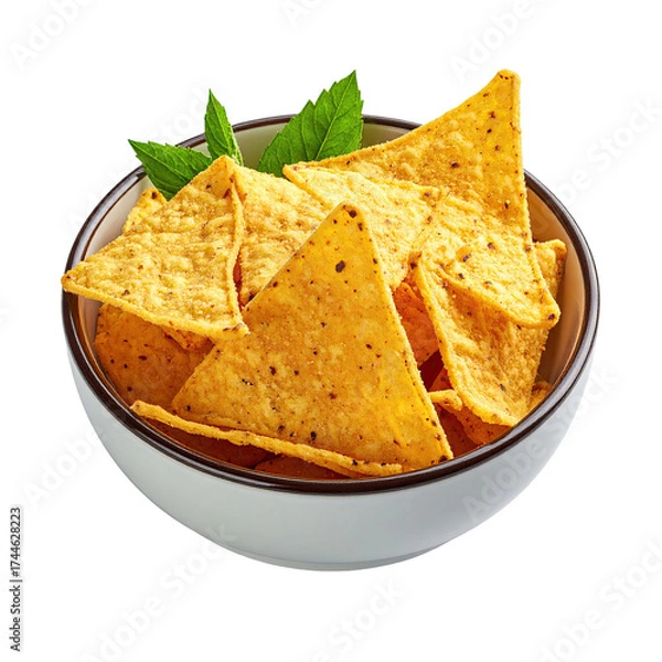 Obraz Bowl of golden, triangular tortilla chips with green leaves on a black background